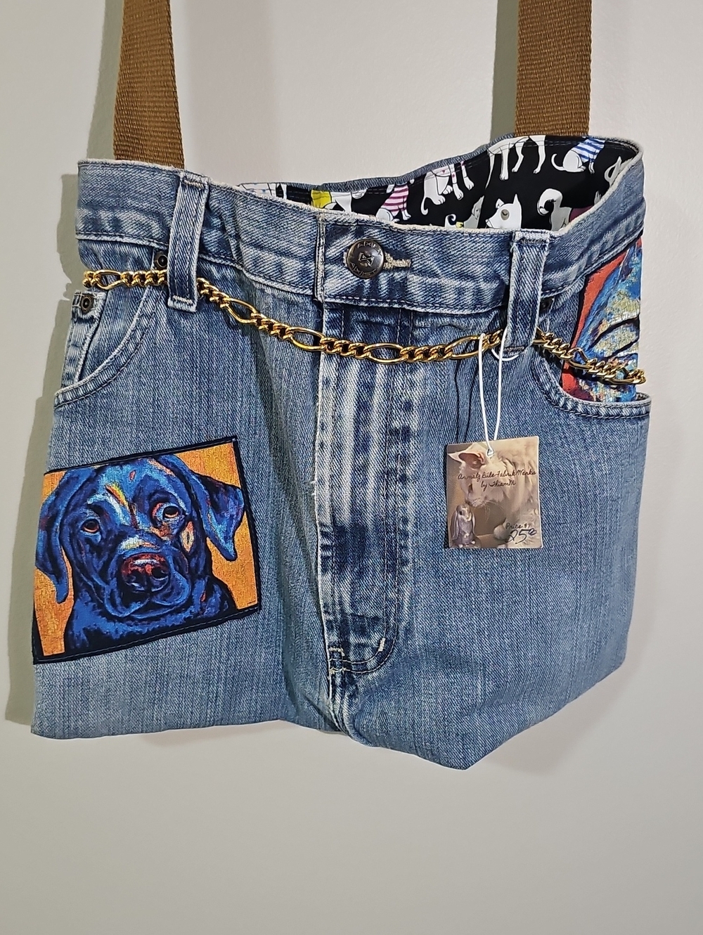 Jean Crossbody Fully Lined Bag.  Dog Themed Motif.  16x11"